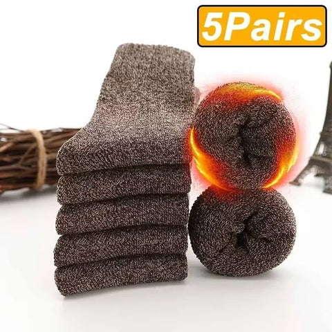 5 Pairs Thick Wool Thermal Socks – Unisex Winter Warm Cotton Blend, Cozy Christmas Socks for Cold Weather, Durable & Moisture-Wicking, Fits Sizes 6-12