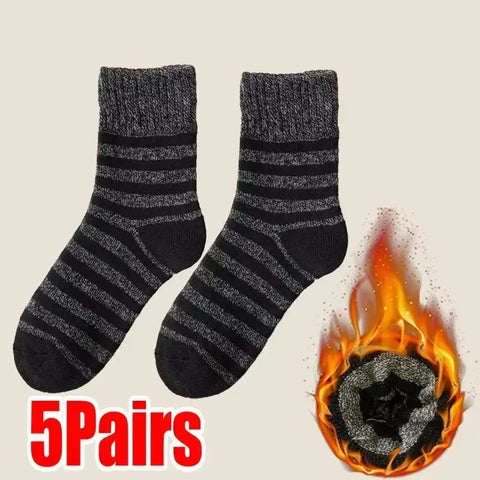 5 Pairs Thick Wool Thermal Socks – Unisex Winter Warm Cotton Blend, Cozy Christmas Socks for Cold Weather, Durable & Moisture-Wicking, Fits Sizes 6-12