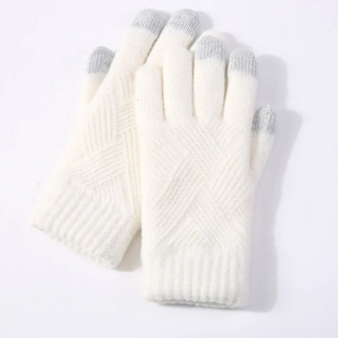 Women's Winter Knitted Full Finger Gloves - Solid Woolen Touch Screen Mittens for Cycling and Driving