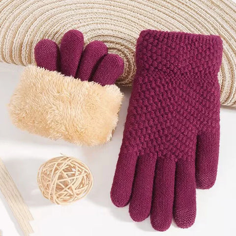 Women's Winter Knitted Full Finger Gloves - Solid Woolen Touch Screen Mittens for Cycling and Driving