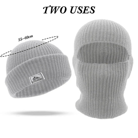 2-in-1 Winter Knitted Beanie Hat with Mask - Full-Face Balaclava for Men, Tactical Ski Cap with Earmuffs for Cycling