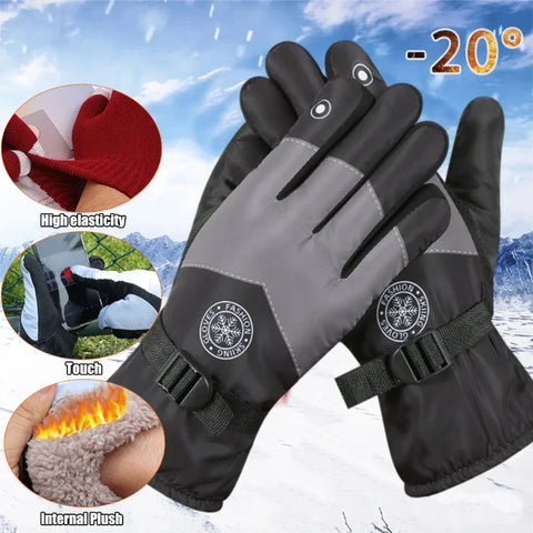 Winter Waterproof Snow Gloves - Unisex PU Leather, Non-Slip, Touchscreen Ski & Motorcycle Cycling Gloves with Fleece Lining