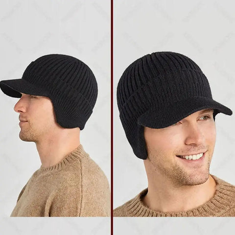 Men’s Winter Knitted Hat - Warm Peaked Cap with Ear Protection for Cycling & Outdoor Wear, Casual Fashion Beanie (21-23in)