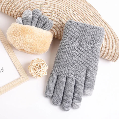 Women's Winter Knitted Full Finger Gloves - Solid Woolen Touch Screen Mittens for Cycling and Driving