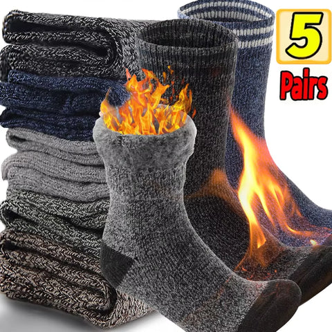 5 Pairs Thick Wool Thermal Socks – Unisex Winter Warm Cotton Blend, Cozy Christmas Socks for Cold Weather, Durable & Moisture-Wicking, Fits Sizes 6-12