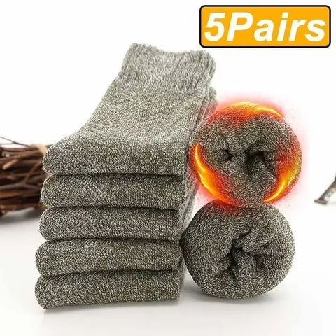 5 Pairs Thick Wool Thermal Socks – Unisex Winter Warm Cotton Blend, Cozy Christmas Socks for Cold Weather, Durable & Moisture-Wicking, Fits Sizes 6-12