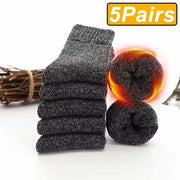 5 Pairs Thick Wool Thermal Socks – Unisex Winter Warm Cotton Blend, Cozy Christmas Socks for Cold Weather, Durable & Moisture-Wicking, Fits Sizes 6-12